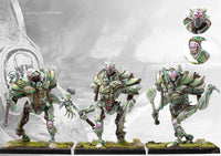Three fully painted Incarnate Sentinels miniatures, the heavy Brute unit for Conquest: The Spires, showcasing their bio-mechanical armor.