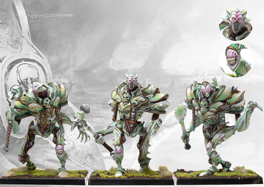 Three fully painted Incarnate Sentinels miniatures, the heavy Brute unit for Conquest: The Spires, showcasing their bio-mechanical armor.