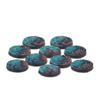 A group shot of the 10 unpainted 25mm Scenery Bases from the Zeta Series for Infinity.