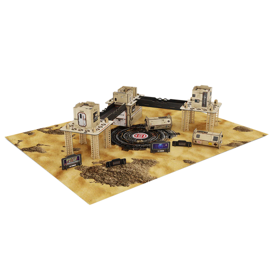 The assembled cardboard terrain from the Infinity Akashi Site Scenery Expansion Pack set up on the included game mat.