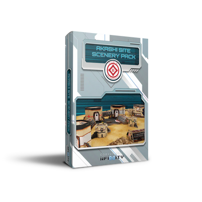The box for the Infinity Akashi Site Scenery Pack, a set of ready-to-play cardboard terrain.