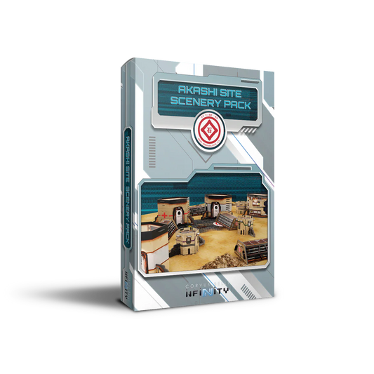 The box for the Infinity Akashi Site Scenery Pack, a set of ready-to-play cardboard terrain.