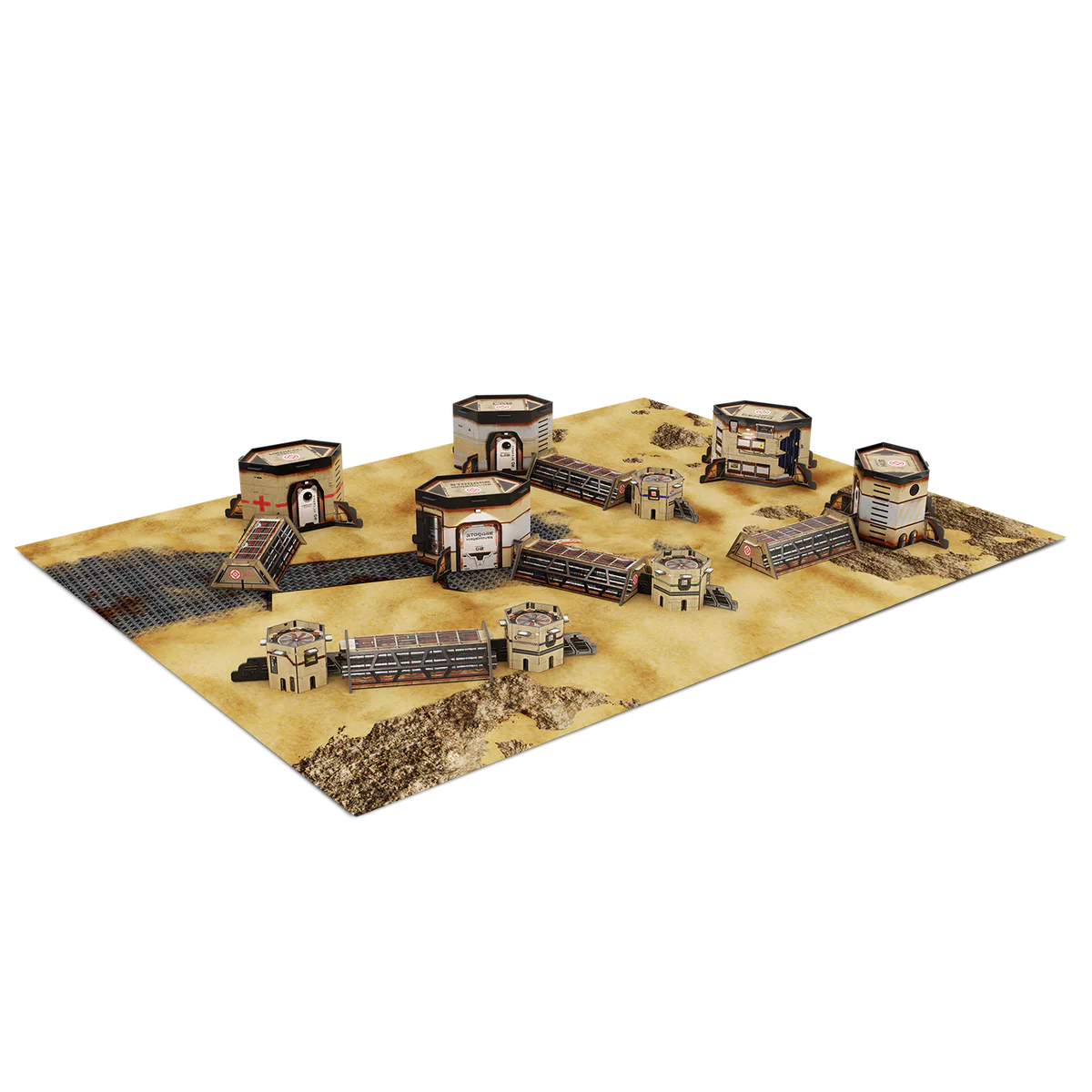 The assembled cardboard terrain from the Infinity Akashi Site Scenery Pack set up on the included game mat.