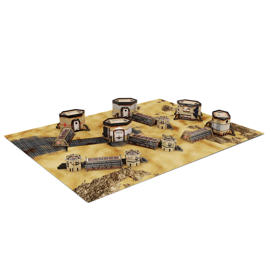 The assembled cardboard terrain from the Infinity Akashi Site Scenery Pack set up on the included game mat.