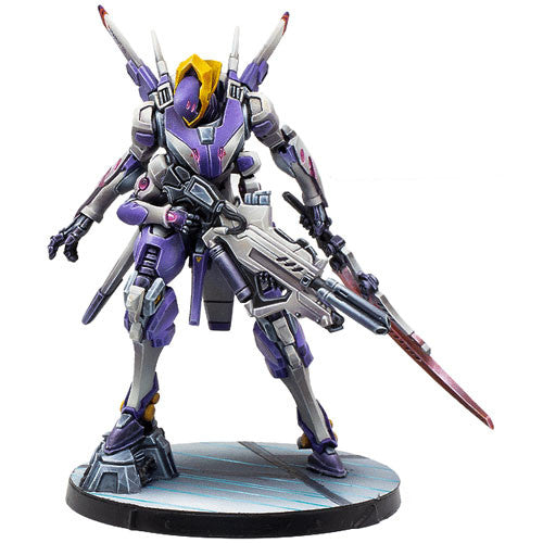 ALEPH Marut TAG, showing the sleek and powerful white and purple TAG armed with a large cannon and a sword.