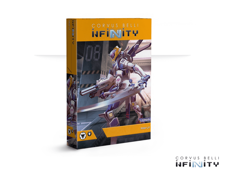The box for the Infinity ALEPH Marut TAG, showing the sleek and powerful white and purple TAG armed with a large cannon and a sword.