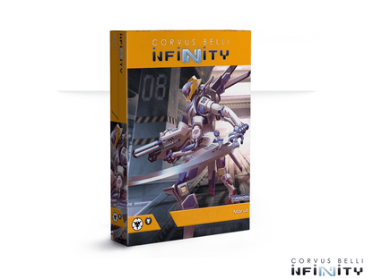 The box for the Infinity ALEPH Marut TAG, showing the sleek and powerful white and purple TAG armed with a large cannon and a sword.