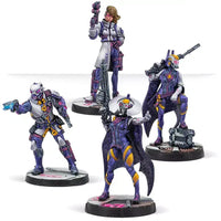 Infinity ALEPH Posthumans set, showing a Posthuman character in a white and purple uniform holding a pistol.