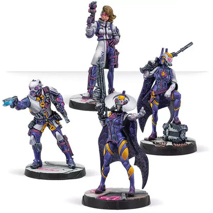 Infinity ALEPH Posthumans set, showing a Posthuman character in a white and purple uniform holding a pistol.