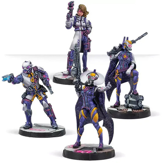 Infinity ALEPH Posthumans set, showing a Posthuman character in a white and purple uniform holding a pistol.