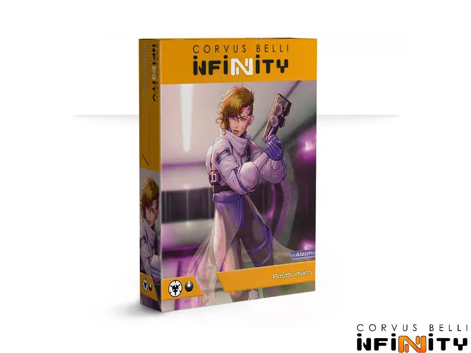 The box for the Infinity ALEPH Posthumans set, showing a Posthuman character in a white and purple uniform holding a pistol.