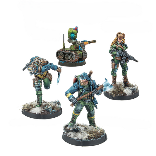 Painted Ariadna Support Pack miniatures featuring a Kazak Doktor, 112 Emergency Service, Dozer engineer, and a specialized Remote.