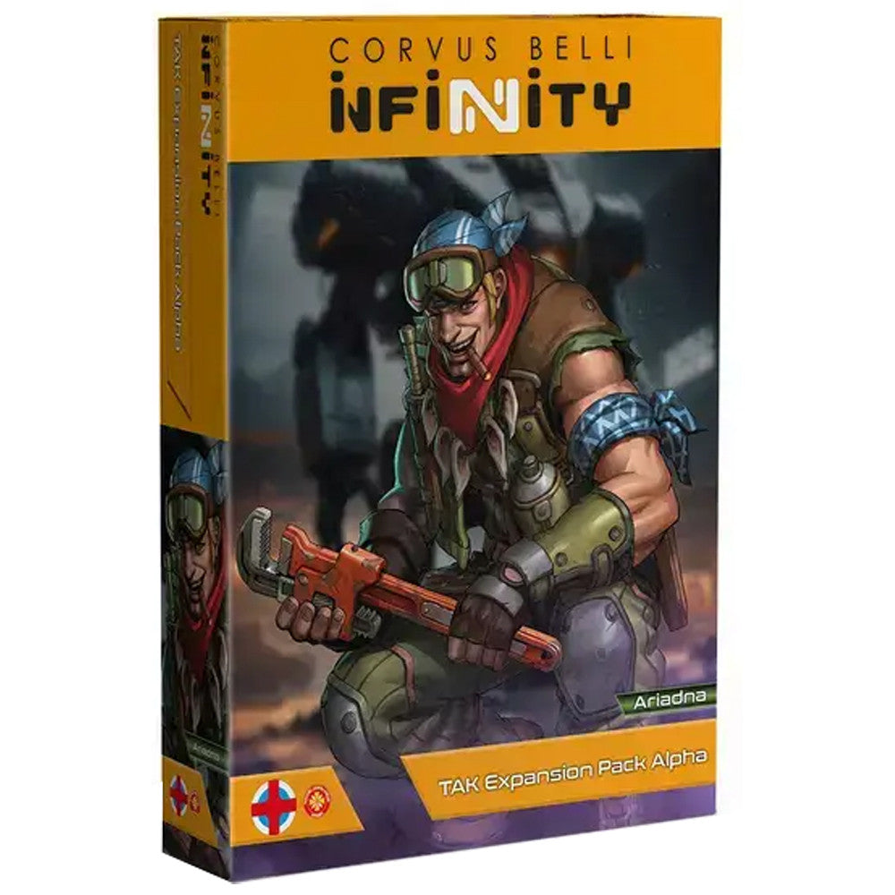 The box for the Infinity Ariadna TAK Expansion Pack Alpha, showing a determined Ariadnan soldier holding a large wrench.