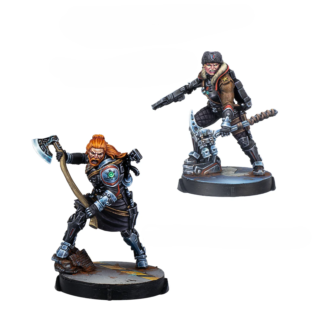 Two painted Varangian Guard miniatures for Infinity the Game featuring a ginger warrior with an axe and a soldier in a fur-lined jacket.