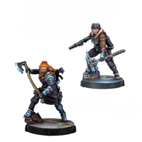 Two painted Varangian Guard miniatures for Infinity the Game featuring a ginger warrior with an axe and a soldier in a fur-lined jacket.