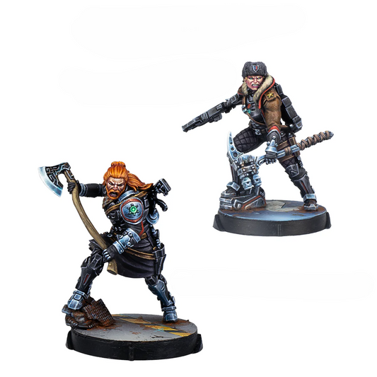 Two painted Varangian Guard miniatures for Infinity the Game featuring a ginger warrior with an axe and a soldier in a fur-lined jacket.