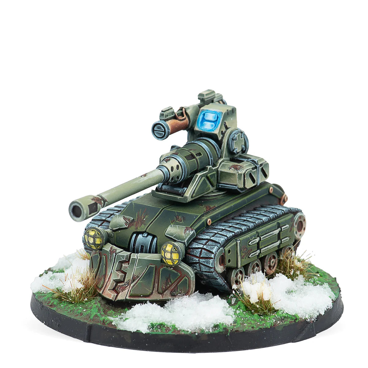 A painted Infinity miniature of an Ariadna Vystrel remote with an AP Sniper Rifle, on a scenic base with snow.