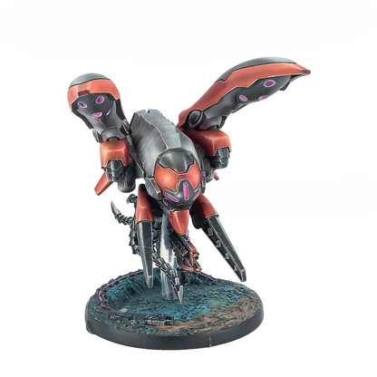 A painted plastic resin Skyhound miniature for the Combined Army, a fast aerial vehicle with a sleek red and black design.
