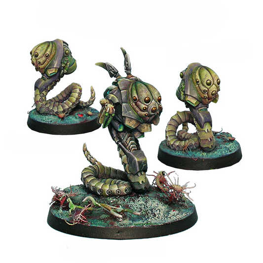 Three painted metal miniatures for the Combined Army including one Med-Tech Obsidon Medchanoid and two Slave Drones.