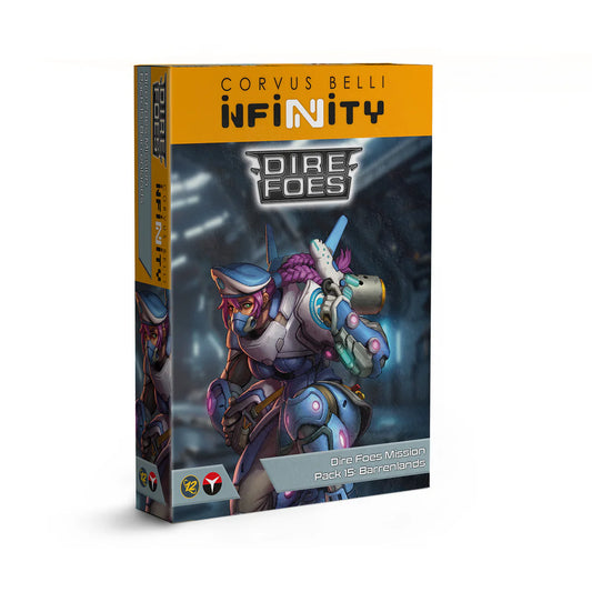 The box for the Infinity Dire Foes Mission Pack 15: Barrenlands, featuring artwork of Fusilier Indigo Bipandra.