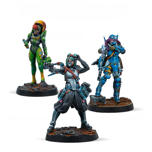 A group shot of the three painted miniatures from the Infinity Dire Foes Mission Pack 15: Bipandra, Yuriko Oda, and a Field Scientist.