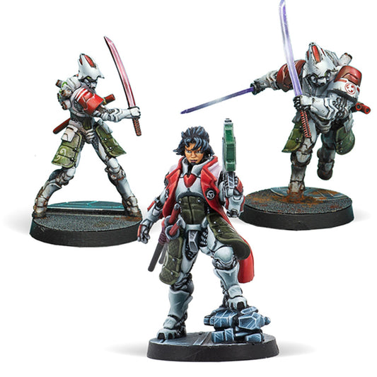Infinity Essentials: JSA Booster Pack Alpha, featuring artwork of a Domaru samurai warrior in white and red armour.