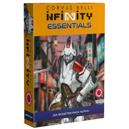The box for the Infinity Essentials: JSA Booster Pack Alpha, featuring artwork of a Domaru samurai warrior in white and red armour.