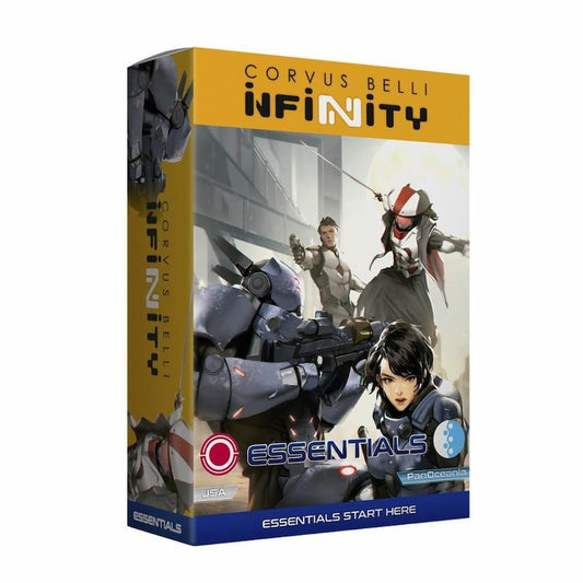 The contents of the Infinity Essentials Starter Pack by Corvus Belli, including miniatures, terrain, dice, and tokens. Available at Charon Games NZ.