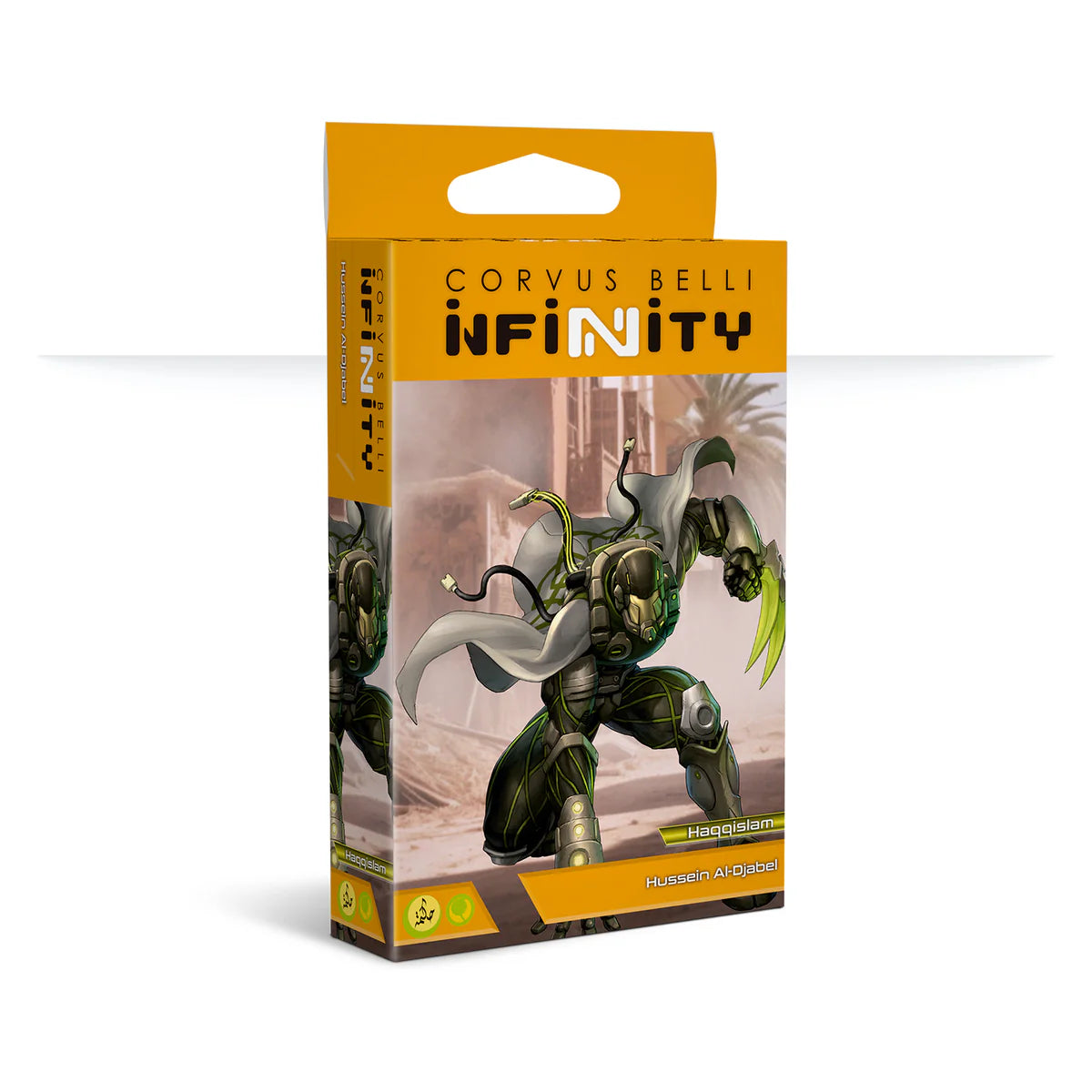 The box for the Infinity Haqqislam character Hussein Al-Djabel, showing artwork of the Hassassin Fiday.