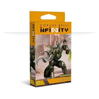The box for the Infinity Haqqislam character Hussein Al-Djabel, showing artwork of the Hassassin Fiday.