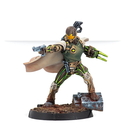 A painted Infinity miniature of Hussein Al-Djabel, a Haqqislam Hassassin in a dynamic pose with a pistol and wrist blades.