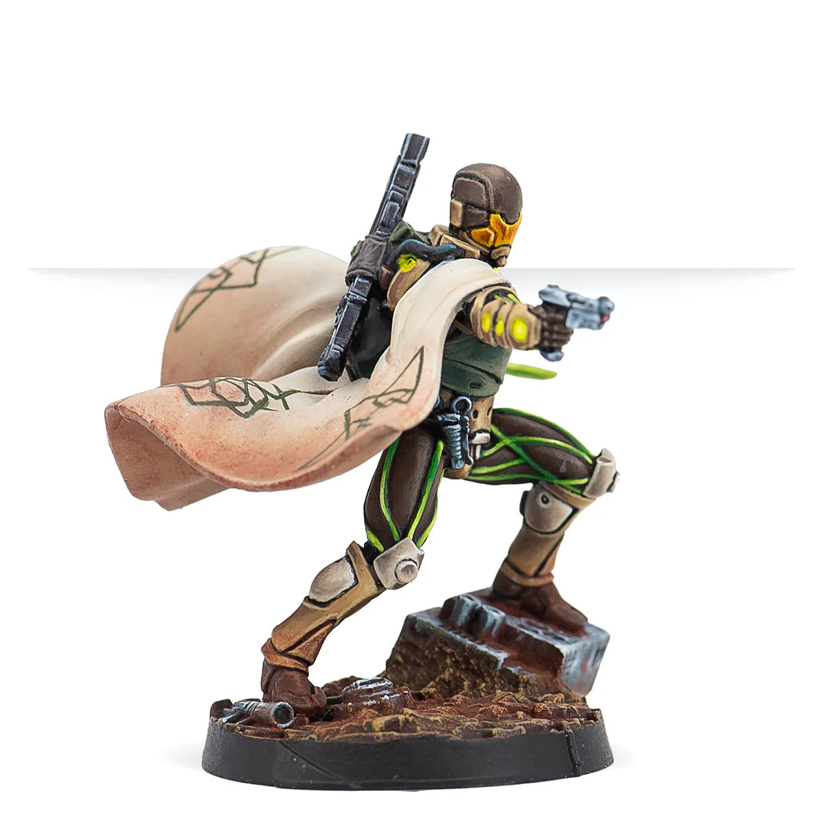 A side view of the painted Hussein Al-Djabel miniature, showing the detail on his flowing cape and armour.