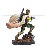 A side view of the painted Hussein Al-Djabel miniature, showing the detail on his flowing cape and armour.