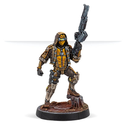 A painted Infinity miniature of a Haqqislam Mukhtar in brown and yellow armour, viewed from the front holding a Red Fury.