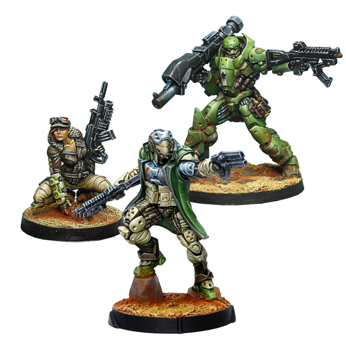 A group shot of the 3 painted metal miniatures from the Ramah Taskforce Expansion Pack Alpha: a Hunzakut, a Hortlak, and a Fasid.