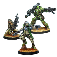 A group shot of the 3 painted metal miniatures from the Ramah Taskforce Expansion Pack Alpha: a Hunzakut, a Hortlak, and a Fasid.