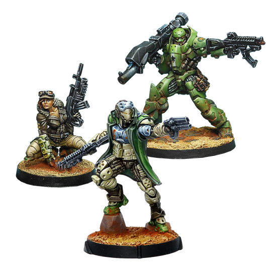 A group shot of the 3 painted metal miniatures from the Ramah Taskforce Expansion Pack Alpha: a Hunzakut, a Hortlak, and a Fasid.