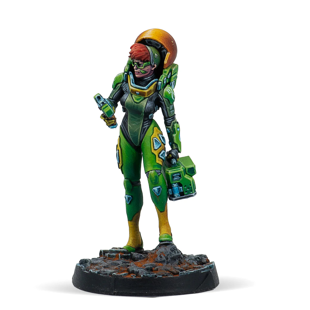 A painted Infinity miniature of a neutral Field Scientist HVT in a green and yellow suit, holding scientific equipment.