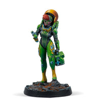 A painted Infinity miniature of a neutral Field Scientist HVT in a green and yellow suit, holding scientific equipment.