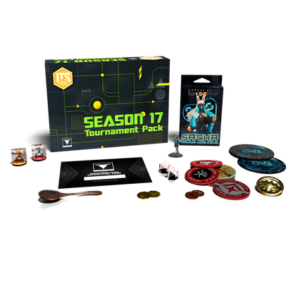 All the contents of the Infinity ITS Season 17 Tournament Pack, including the exclusive Sāchā miniature, tokens, and patches.