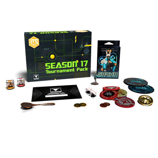All the contents of the Infinity ITS Season 17 Tournament Pack, including the exclusive Sāchā miniature, tokens, and patches.