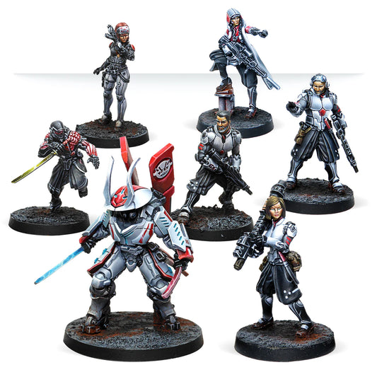 A group shot of the 7 painted metal miniatures from the Infinity Japanese Secessionist Army (JSA) Army Pack.
