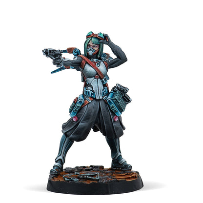 A painted Infinity miniature of Kaizoku Yuriko Oda, a JSA character in black and white gear, aiming a pistol.