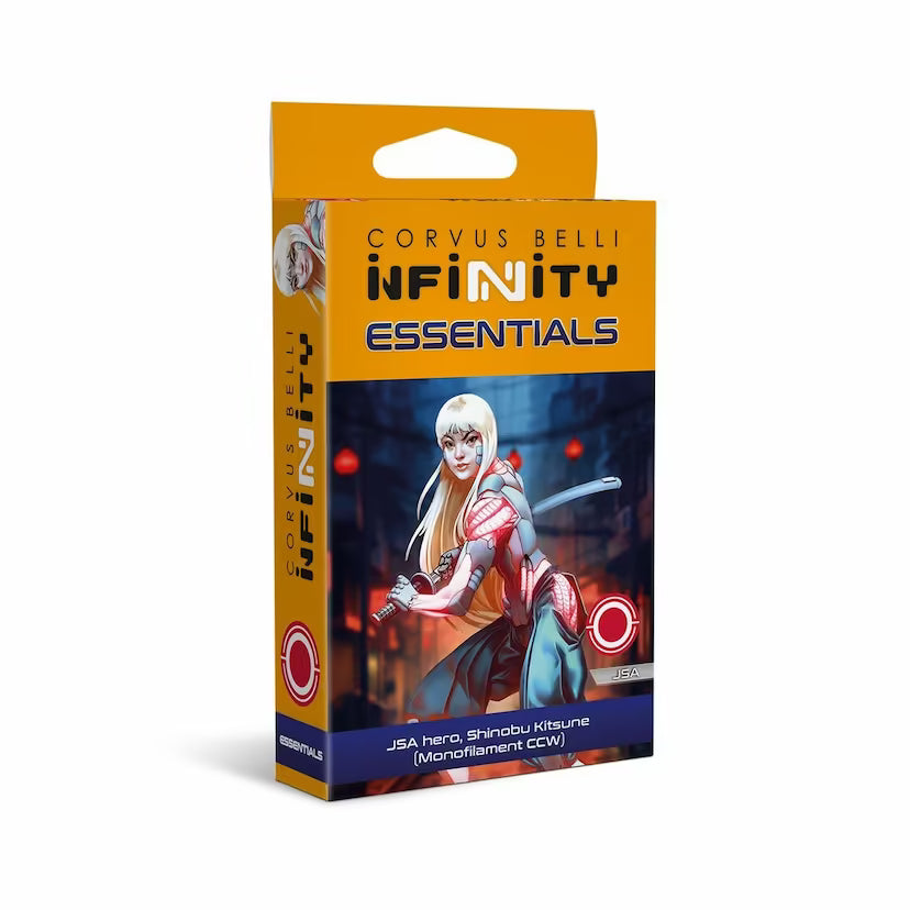 box of Infinity miniature of Shinobu Kitsune, a JSA ninja with long white hair, wielding a glowing yellow katana