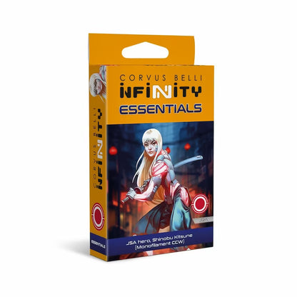 box of Infinity miniature of Shinobu Kitsune, a JSA ninja with long white hair, wielding a glowing yellow katana