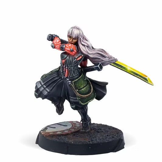 A professionally painted Infinity miniature of Shinobu Kitsune, a JSA ninja with long white hair, wielding a glowing yellow katana.