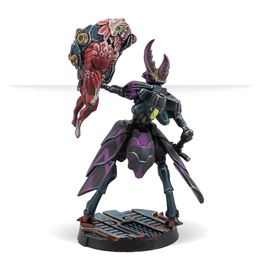 A rear view of the painted Samsa miniature, showing the detail on the alien's carapace and the creature it is holding.