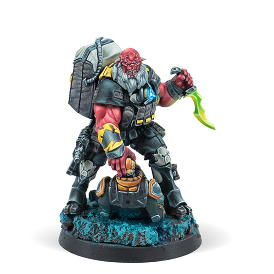 Krakot Renegades miniature, showing a fierce red-skinned Morat fugitive holding two submachine guns.
