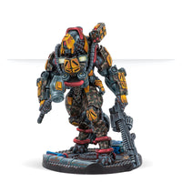 A painted Infinity miniature of a Triphammer TAG, a repurposed industrial mech in yellow and camo, viewed from the front.