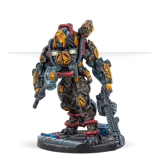 A painted Infinity miniature of a Triphammer TAG, a repurposed industrial mech in yellow and camo, viewed from the front.